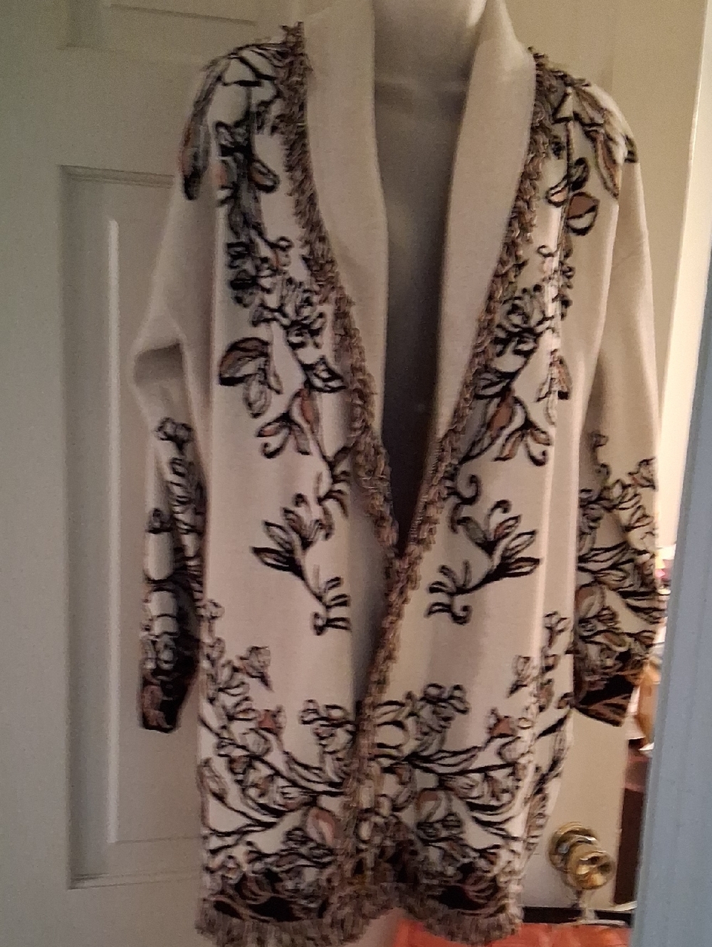Chico's Cream Open-Front Cardigan with Floral Embroidery